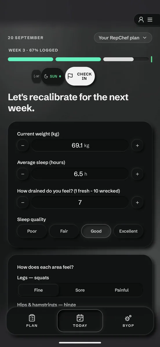 The weekly check-in: weight, sleep, how drained, sleep quality, soreness