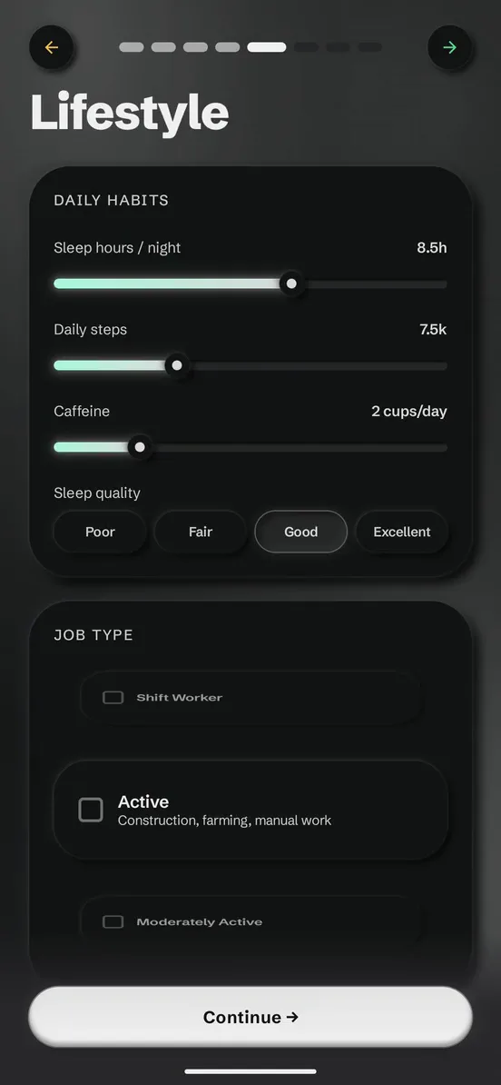 Lifestyle: sleep, daily steps, caffeine, sleep quality, job type
